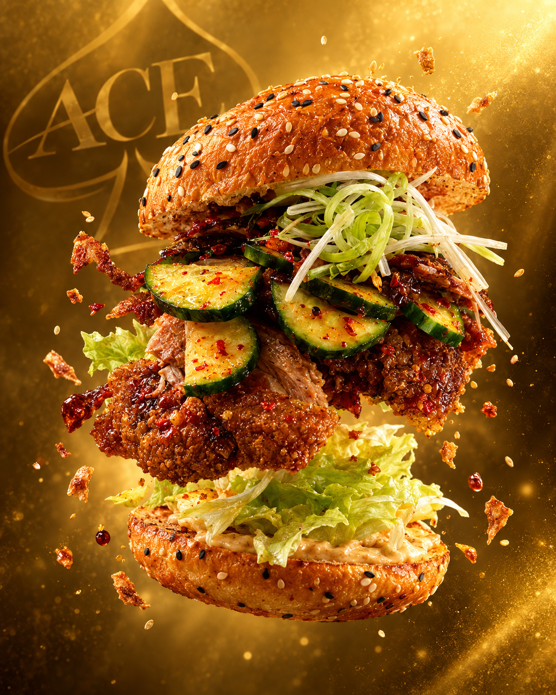 Aces Peking Duck Burger — Sliced Peking Duck on a Black and White Sesame Egg Bun, crafted by Executive Chef Alex Zee
